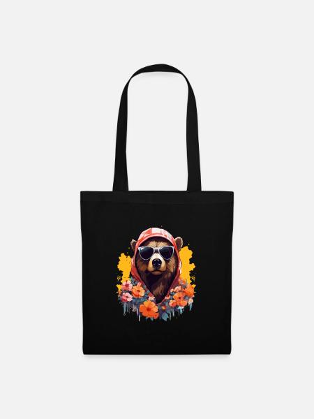 Bär mit Hoodie und Sonnenbrille mit bunten Blumen - Stoffbeutel - Schwarz