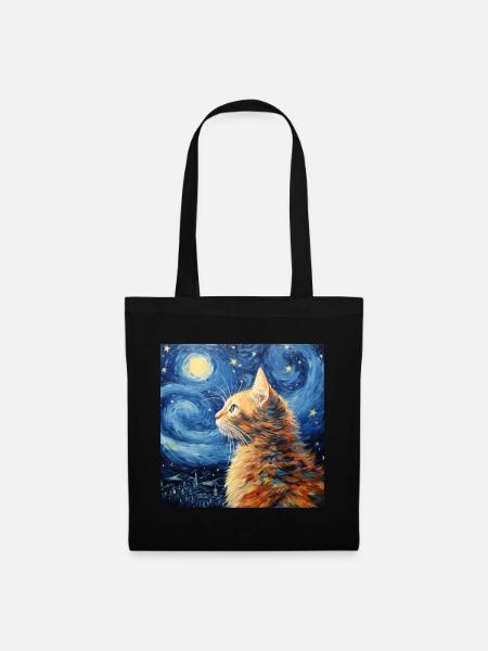 Katze, katzenmotiv, van gogh, sternennacht - Stoffbeutel - Schwarz