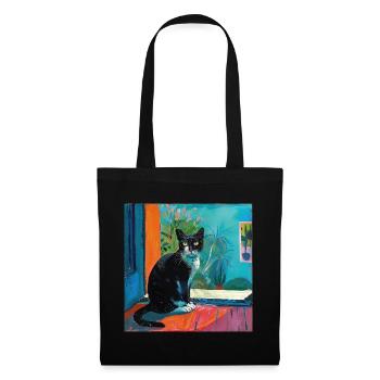 Katze, katzenmotiv, popart, geschenk, geschenkidee - Stoffbeutel - Schwarz - Vorne