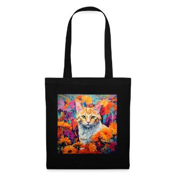 Katze, katzenmotiv, blumen, geschenk, geschenkidee - Stoffbeutel - Schwarz - Vorne