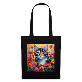 cat, cat motif, flowers, gift, gift idea - Tote Bag - black - Front