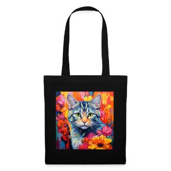 Katze, katzenmotiv, blumen, geschenk, geschenkidee - Stoffbeutel - Schwarz - Vorne