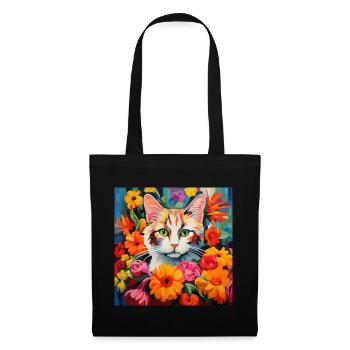 Katze, katzenmotiv, blumen, geschenk, geschenkidee - Stoffbeutel - Schwarz - Vorne