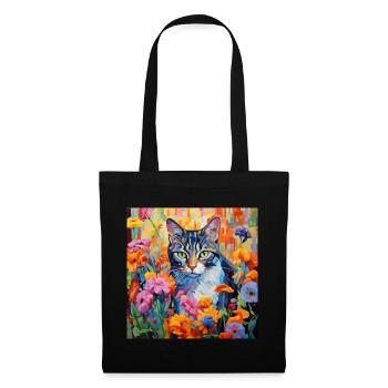 chat, motif de chat, fleurs, cadeau, idée cadeau - Sac en tissu - noir - Devant