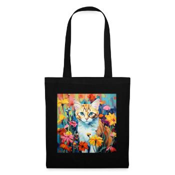 Katze, katzenmotiv, blumen, geschenk, geschenkidee - Stoffbeutel - Schwarz - Vorne