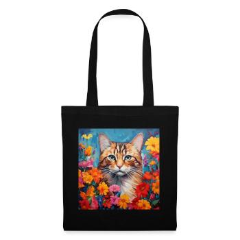 Katze, katzenmotiv, blumen, geschenk, geschenkidee - Stoffbeutel - Schwarz - Vorne