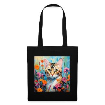 chat, motif de chat, fleurs, cadeau, idée cadeau - Sac en tissu - noir - Devant