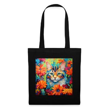 Katze, katzenmotiv, blumen, geschenk, geschenkidee - Stoffbeutel - Schwarz - Vorne