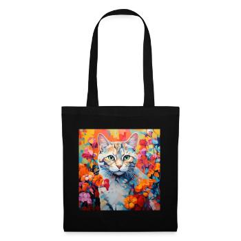 chat, motif de chat, fleurs, cadeau, idée cadeau - Sac en tissu - noir - Devant