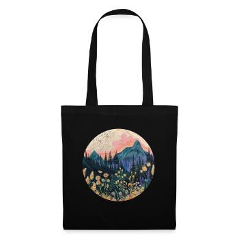 Boho, Blumen, Berge, Landschaft, Natur, Bäume - Stoffbeutel - Schwarz - Vorne