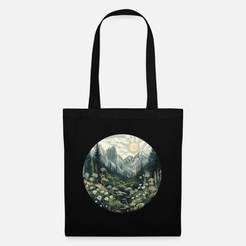 Boho, Blumen, Berge, Landschaft, Natur, Bäume - Stoffbeutel - Schwarz