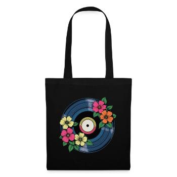 Fleurs sur disque vinyle - Oeuvre vinyle rétro - Sac en tissu - noir - Devant