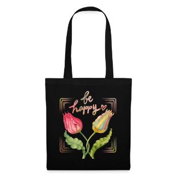 Be-happy, motivation, saying with vintage tulips - Tote Bag - black - Front