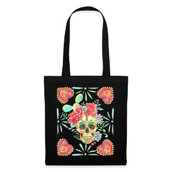 Mexican Sugar Skull, Heart Heart and Cactus - Tote Bag - black - Front