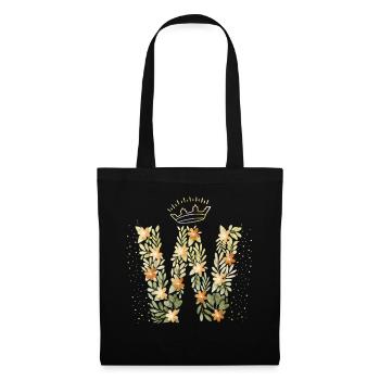 Monogramm Buchstabe W mit Krone, florales Ornament - Stoffbeutel - Schwarz - Vorne