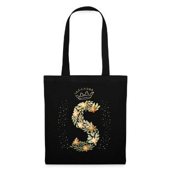 Monogramm Buchstabe S mit Krone, florales Ornament - Stoffbeutel - Schwarz - Vorne