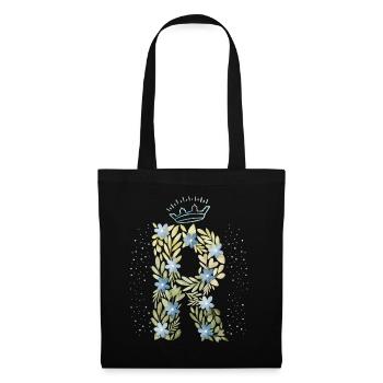 Monogramm Buchstabe R mit Krone, florales Ornament - Stoffbeutel - Schwarz - Vorne