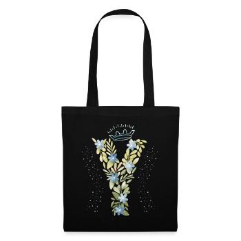Monogramm Buchstabe Y mit Krone, florales Ornament - Stoffbeutel - Schwarz - Vorne