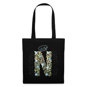 Monogramm Buchstabe N mit Krone, florales Ornament - Stoffbeutel - Schwarz - Vorne