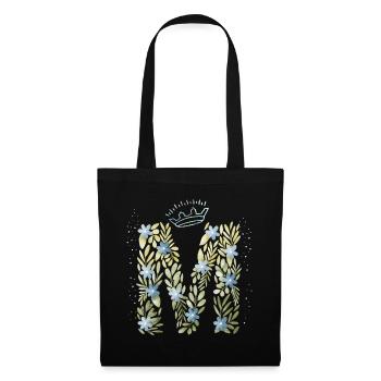 Monogramm Buchstabe M mit Krone, florales Ornament - Stoffbeutel - Schwarz - Vorne