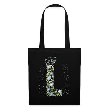 Monogramm Buchstabe L mit Krone, florales Ornament - Stoffbeutel - Schwarz - Vorne