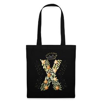 Monogramm Buchstabe X mit Krone, florales Ornament - Stoffbeutel - Schwarz - Vorne
