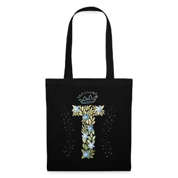 Monogramm Buchstabe T mit Krone, florales Ornament - Stoffbeutel - Schwarz - Vorne