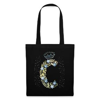 Monogramm Buchstabe C mit Krone, florales Ornament - Stoffbeutel - Schwarz - Vorne