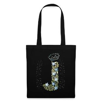 Monogramm Buchstabe J mit Krone, florales Ornament - Stoffbeutel - Schwarz - Vorne