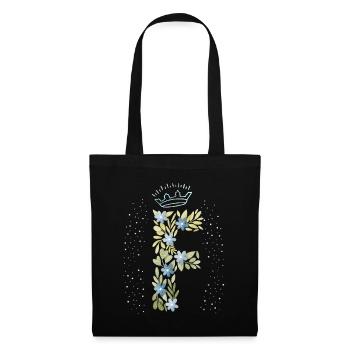 Monogramm Buchstabe F mit Krone, florales Ornament - Stoffbeutel - Schwarz - Vorne