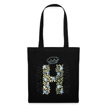 Monogramm Buchstabe H mit Krone, florales Ornament - Stoffbeutel - Schwarz - Vorne