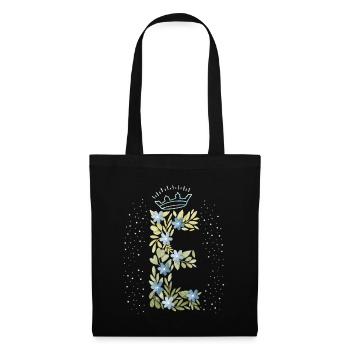 Monogramm Buchstabe E mit Krone, florales Ornament - Stoffbeutel - Schwarz - Vorne