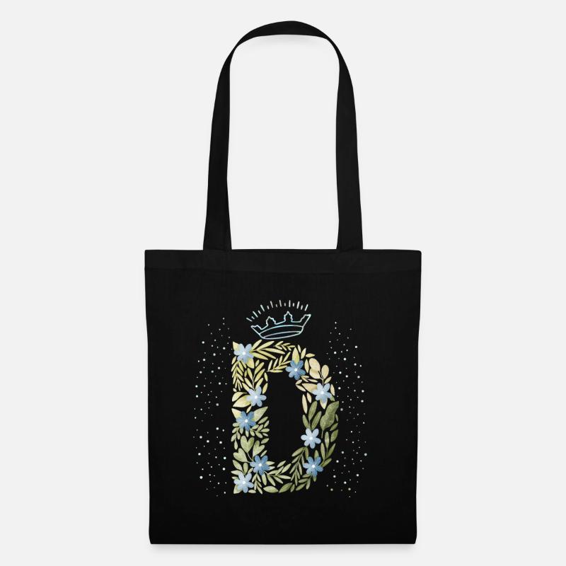 Monogramm Buchstabe D mit Krone, florales Ornament - Stoffbeutel - Schwarz