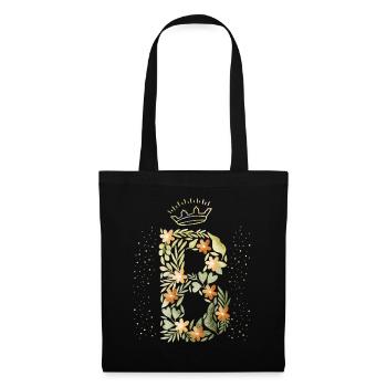 Monogramm Buchstabe B mit Krone, florales Ornament - Stoffbeutel - Schwarz - Vorne