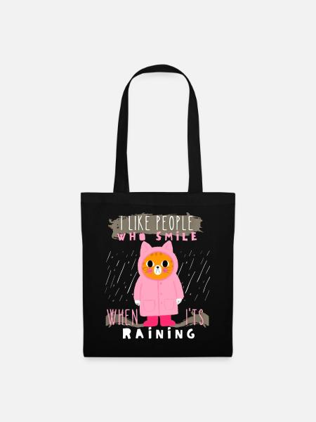 Katze im Regen, Regenmantel, Gummistiefel, Spruch - Stoffbeutel - Schwarz