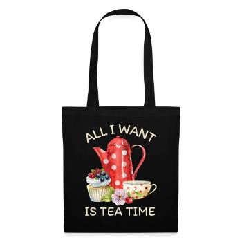 Teetrinker, Tee mit Teekanne und Cupcake - Stoffbeutel - Schwarz - Vorne