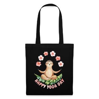 Yoga mit Sloth, lustiges Faultier und Blumen - Stoffbeutel - Schwarz - Vorne