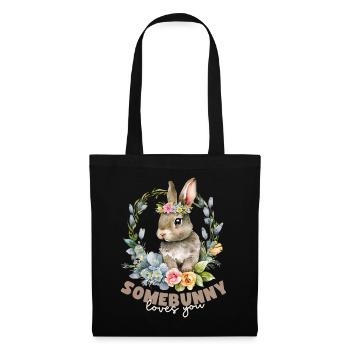 Rabbit, Rabbit Kawaii Illustration with Flowers - Tote Bag - black - Front