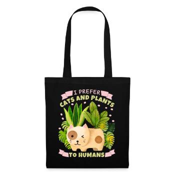 Katzen und Pflanzen lustiger Spruch mit Blumentopf - Stoffbeutel - Schwarz - Vorne