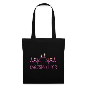 Tagesmutter Herzschlag mit Herz und Kindern pink - Stoffbeutel - Schwarz - Vorne