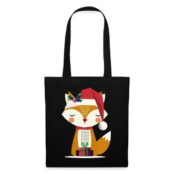 niedlicher Fuchs mit Weihnachtsmütze und Geschenk - Stoffbeutel - Schwarz - Vorne