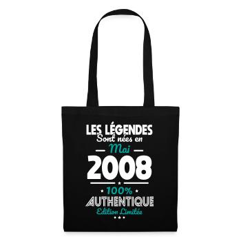 Anniversaire 18 ans - Légendes nées Mai 2008 - Sac en tissu - noir - Devant
