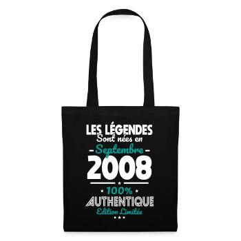 Anniversaire 18 ans - Légendes nées Septembre 2008 - Sac en tissu - noir - Devant