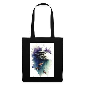 Aquarell-Koi und Kirschpagode - Stoffbeutel - Schwarz - Vorne