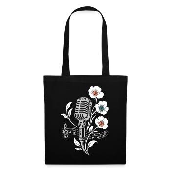 Microphone vintage – Motif musique et fleurs - Sac en tissu - noir - Devant