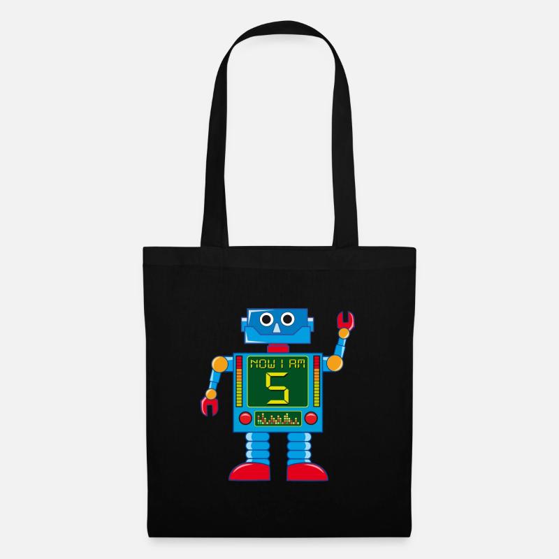 Roboter 5 Jahre 5. Geburtstag - Stoffbeutel - Schwarz