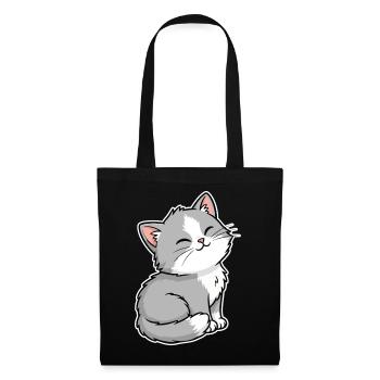 Chaton Gris et Blanc Heureux Portrait Kawaii - Sac en tissu - noir - Devant