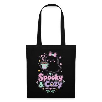 Spooky & Cozy Geist mit Kaffee - Stoffbeutel - Schwarz - Vorne