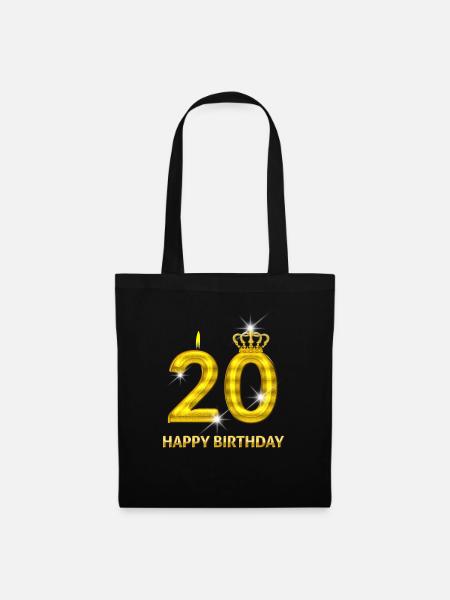 20 - Happy Birthday - Geburtstag - Zahl Gold - Stoffbeutel - Schwarz