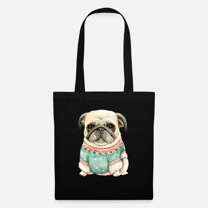 Netter Mops-Welpe im Winterpullover-Geschenk für Mopsliebe - Stoffbeutel - Schwarz